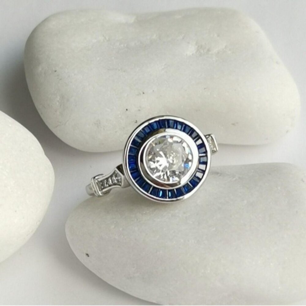 Art Deco White and Blue Sapphire Ring in Sterling...